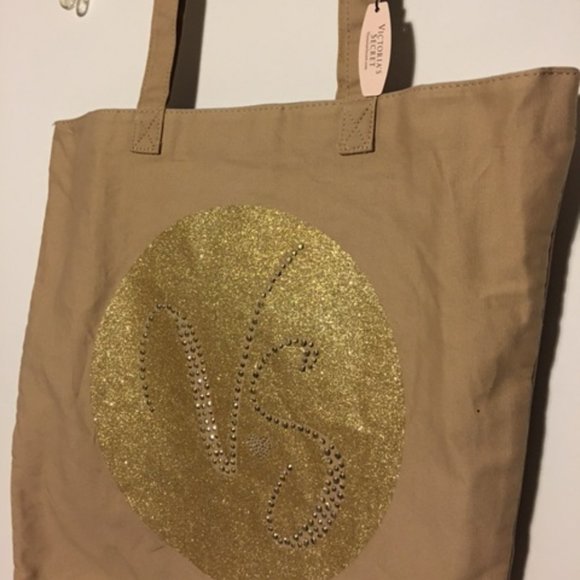 VICTORIA'S SECRET Tan and Gold Canvas Tote Bag NWT - Picture 4 of 9
